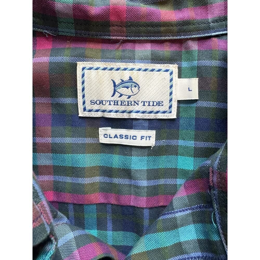 Southern Tide Button Down Shirt Classic Fit Plaid Blue Purple Green LG Cotton - Picture 7 of 9